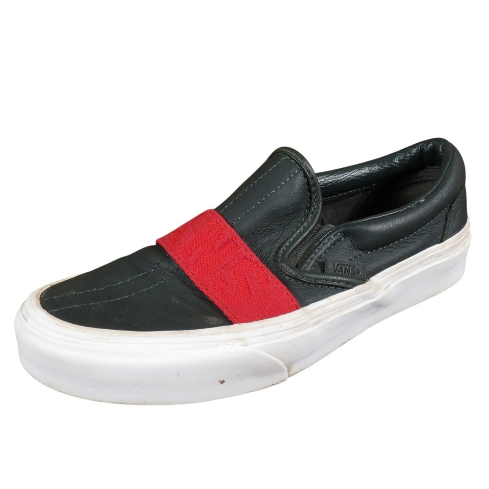 Vans Classic Slip-On Women's 5.5 Dark Green Leather Red Strap Casual Skate Shoes